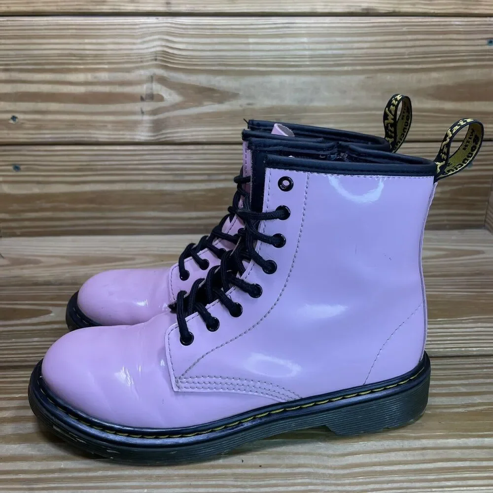 Dr. Martens Pink Patent Kids Lace-Up Boots with Black Trim